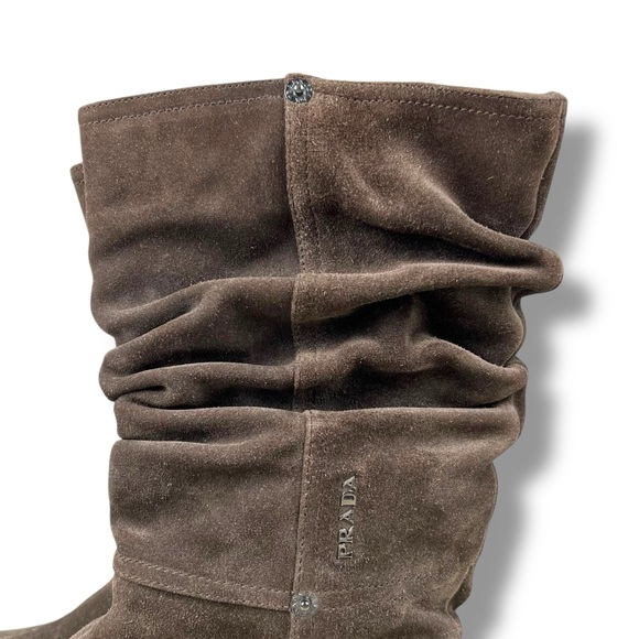 Prada Boots Brown Suede Leather Slouch Boots Mid-Calf Pleated Sz 38.5 7.5 US - Picture 2 of 8